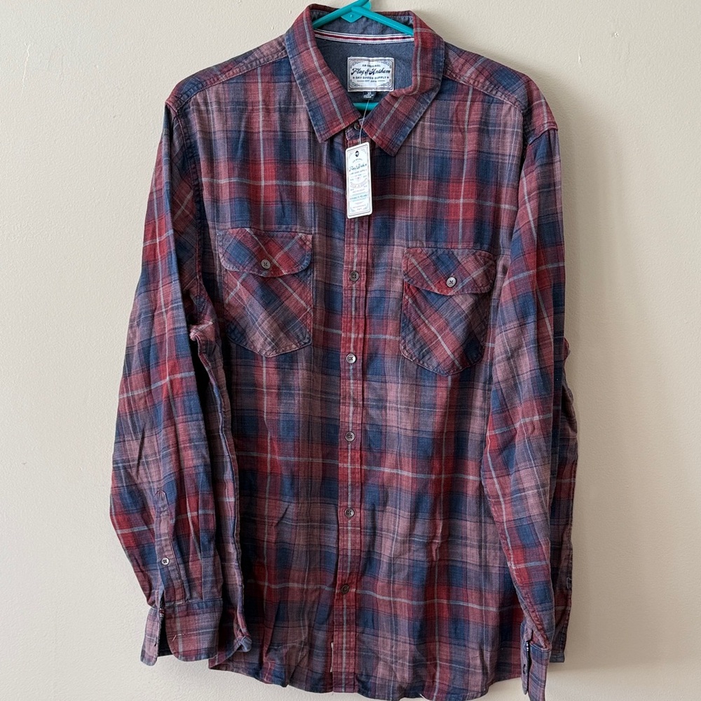Men's Plaid Button-Down Shirt - Red and Blue